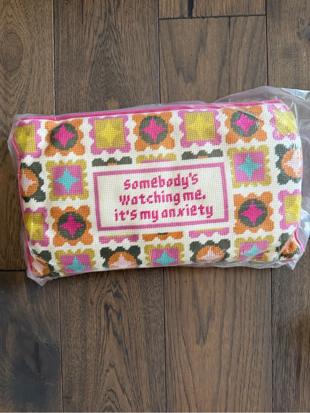 Furbish Studio Watching Me Needlepoint Accent Pillow - Pink Multicolor NEW